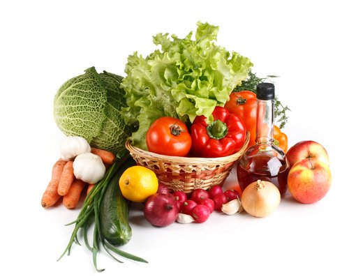 Vegetables and fruit shown as options for healthy eating.